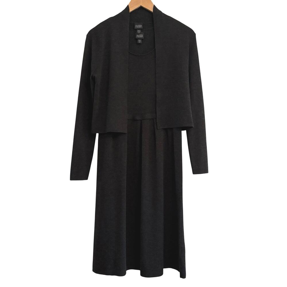 Eileen Fisher 100% Merino Wool Sleeves Dress Set Cardigan Womens Size XS Luxury